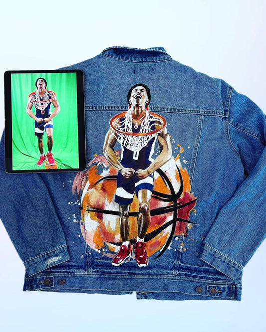 Valentine Gift, Portrait Painted on Jacket Basketball Jean Jacket with Art ,Painted Clothes Best  Personalized Gift Hand Painted Denim