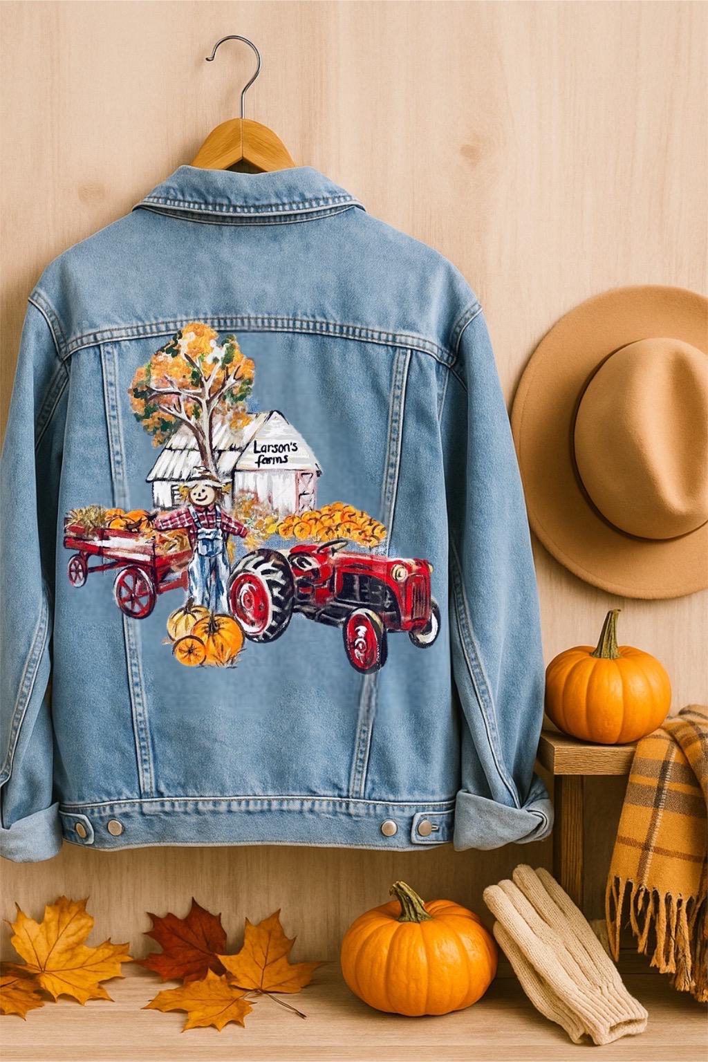 Unique Thanksgiving Gift – Custom Hand Painted Denim Jacket | Personalized Portrait Fall Jacket | Farm, Autumn, Pumpkin, Scarecrow Design
