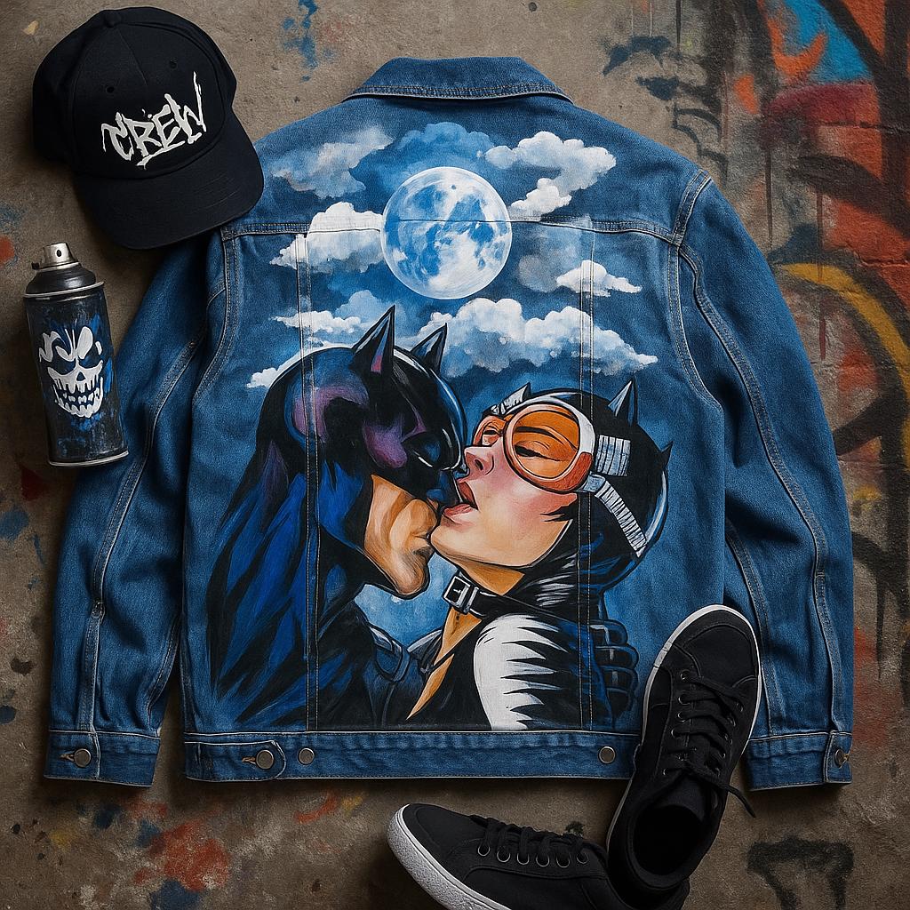 Birthday Gift for Him – Custom Batman & Catwoman Denim Jacket | Hand-Painted Oversized Pop Art Clothing, Unique Fan Gift