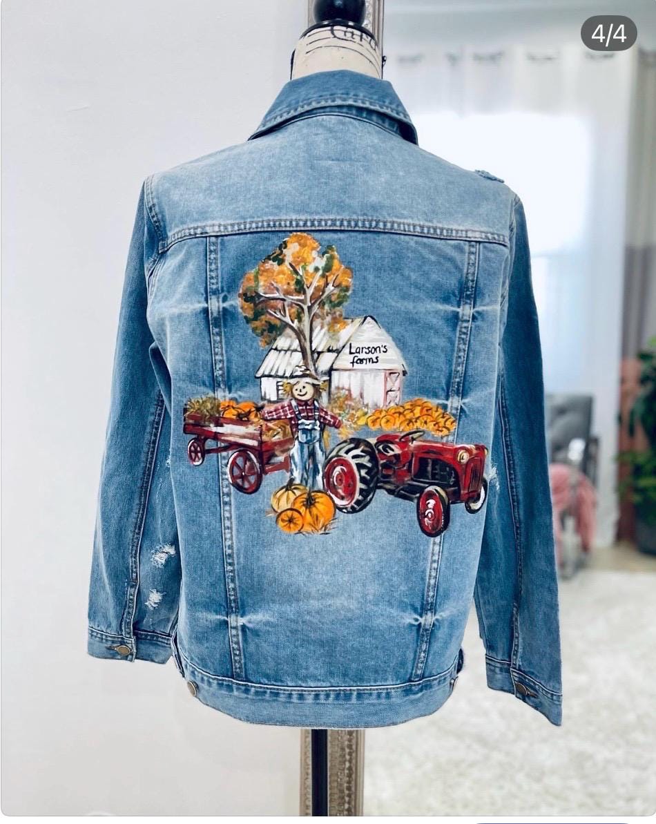 Unique Thanksgiving Gift – Custom Hand Painted Denim Jacket | Personalized Portrait Fall Jacket | Farm, Autumn, Pumpkin, Scarecrow Design