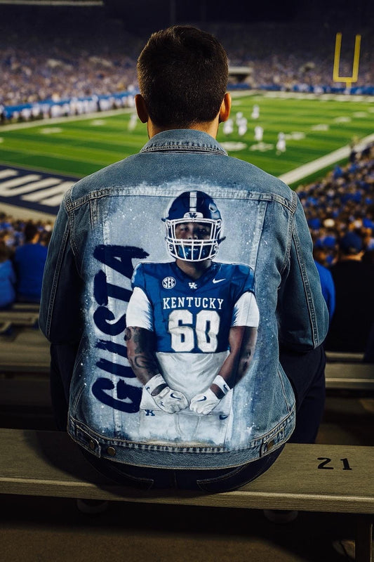 Sports Fan Birthday Gift – Custom Hand-Painted Portrait Denim Jacket, NFL NBA MLB Player with Team Logo & Number