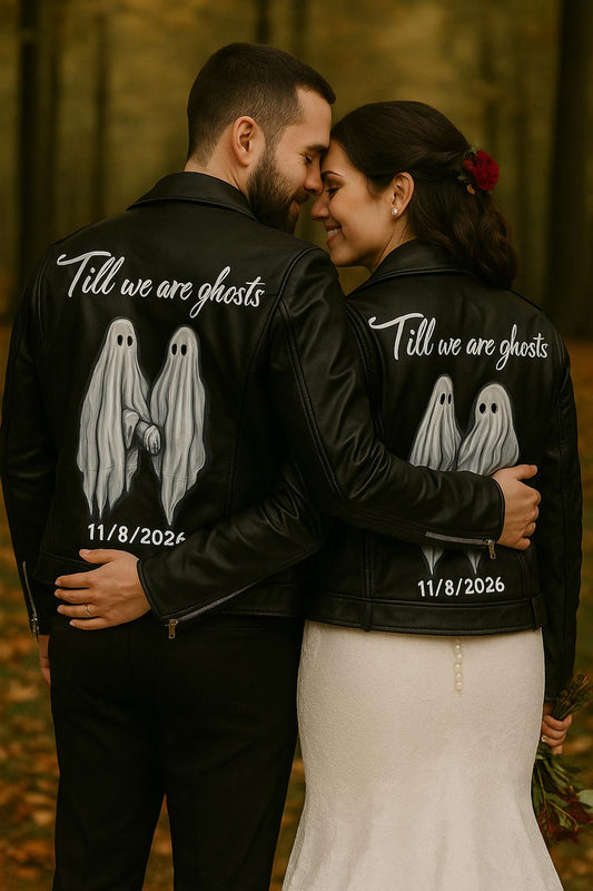 Halloween Couple Jacket, Personalized Gift, Wedding Gift – Custom Painted Leather Jacket “Till We Are Ghosts” | Gothic Bride Outfit