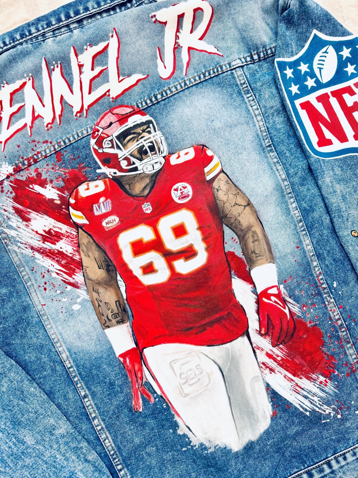 Custom Portrait Denim Jacket – Hand-Painted Artwork on Jacket, Unique Gift for Sports Fans, NFL Inspired Streetwear for Him or Her