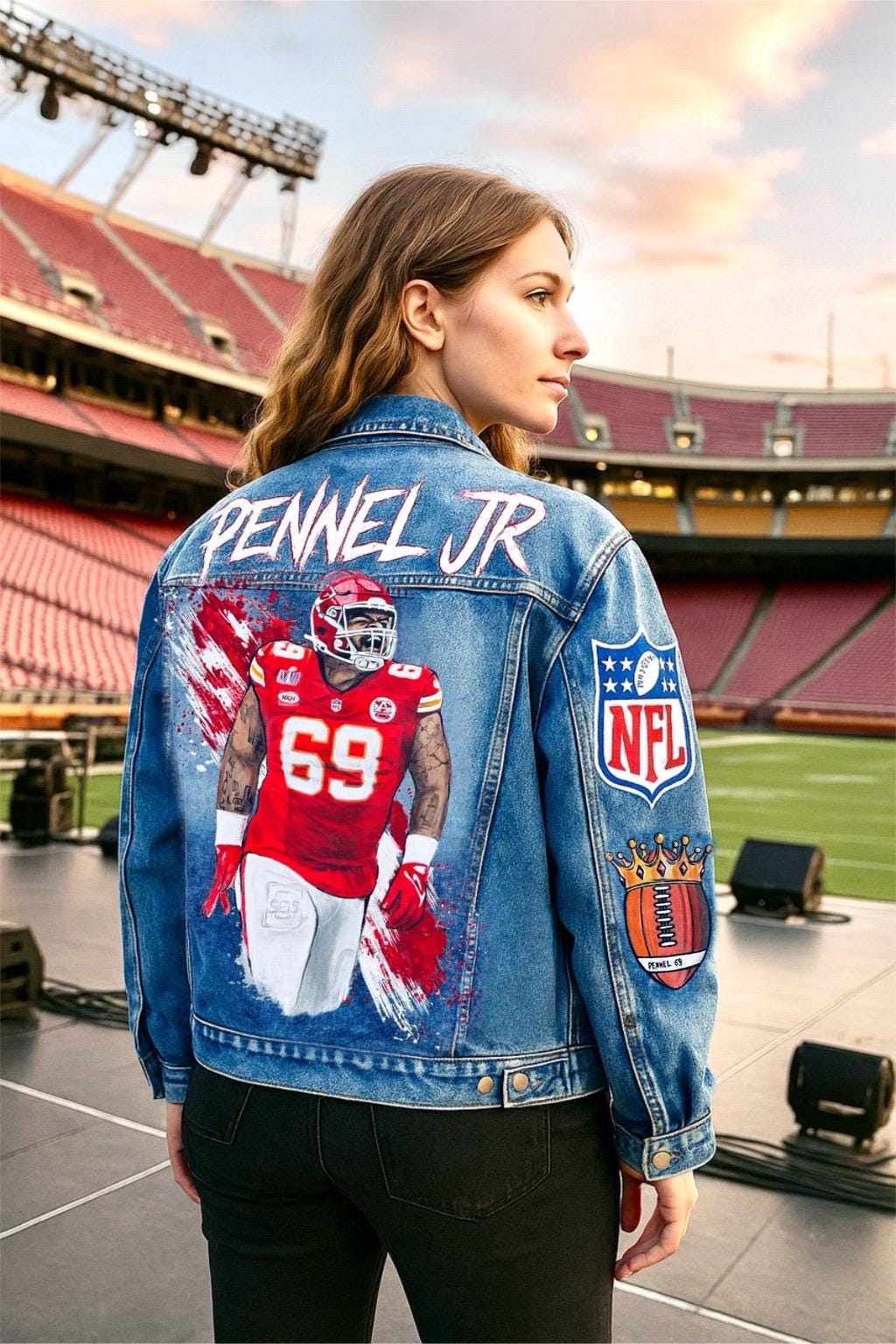 Custom Portrait Denim Jacket – Hand-Painted Artwork on Jacket, Unique Gift for Sports Fans, NFL Inspired Streetwear for Him or Her