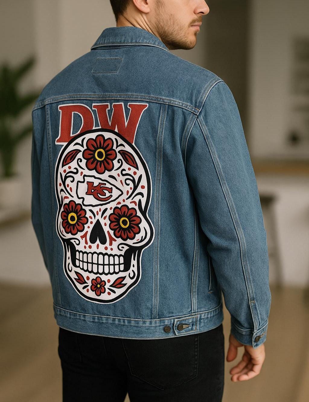 Birthday Gift for Men – KC Chiefs Skull Denim Jacket | Sport Fan Game Day Outfit, Custom Hand-Painted Gift , Sport Fan Birthday Gift