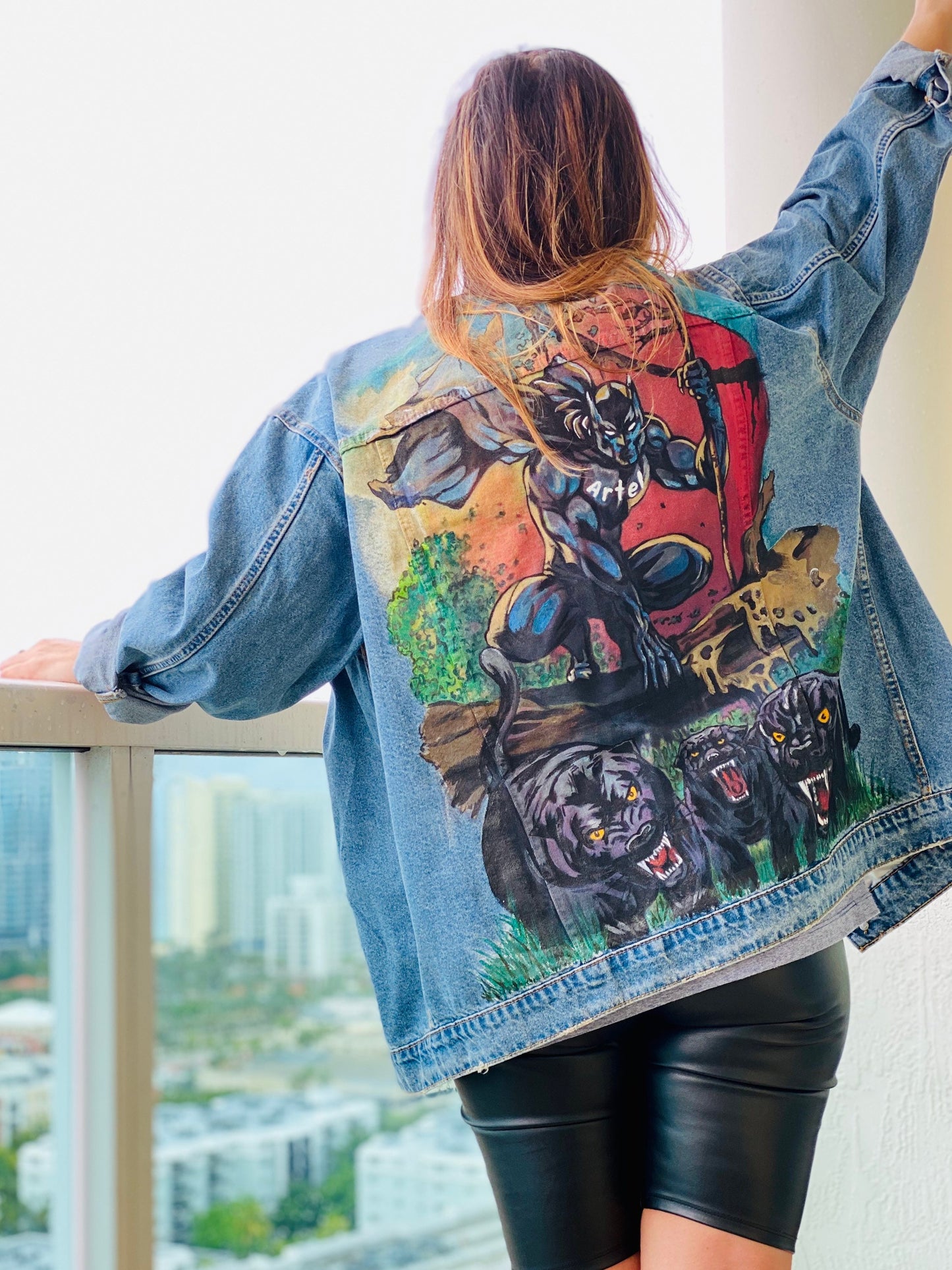 Valentines Day Gift for Marvel Fans – Hand-Painted Black Panther Denim Jacket | Custom Oversized Streetwear, Comic Fan Clothing