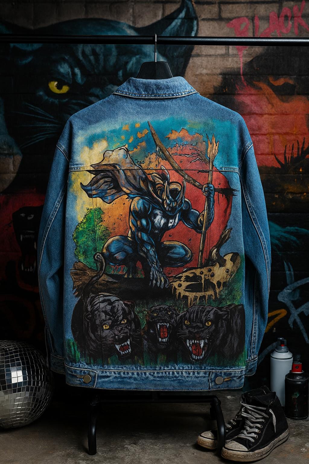 Valentines Day Gift for Marvel Fans – Hand-Painted Black Panther Denim Jacket | Custom Oversized Streetwear, Comic Fan Clothing