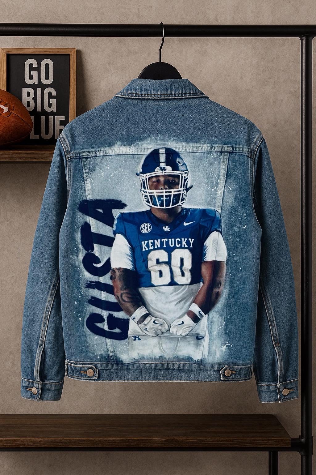 Sports Fan Birthday Gift – Custom Hand-Painted Portrait Denim Jacket, NFL NBA MLB Player with Team Logo & Number
