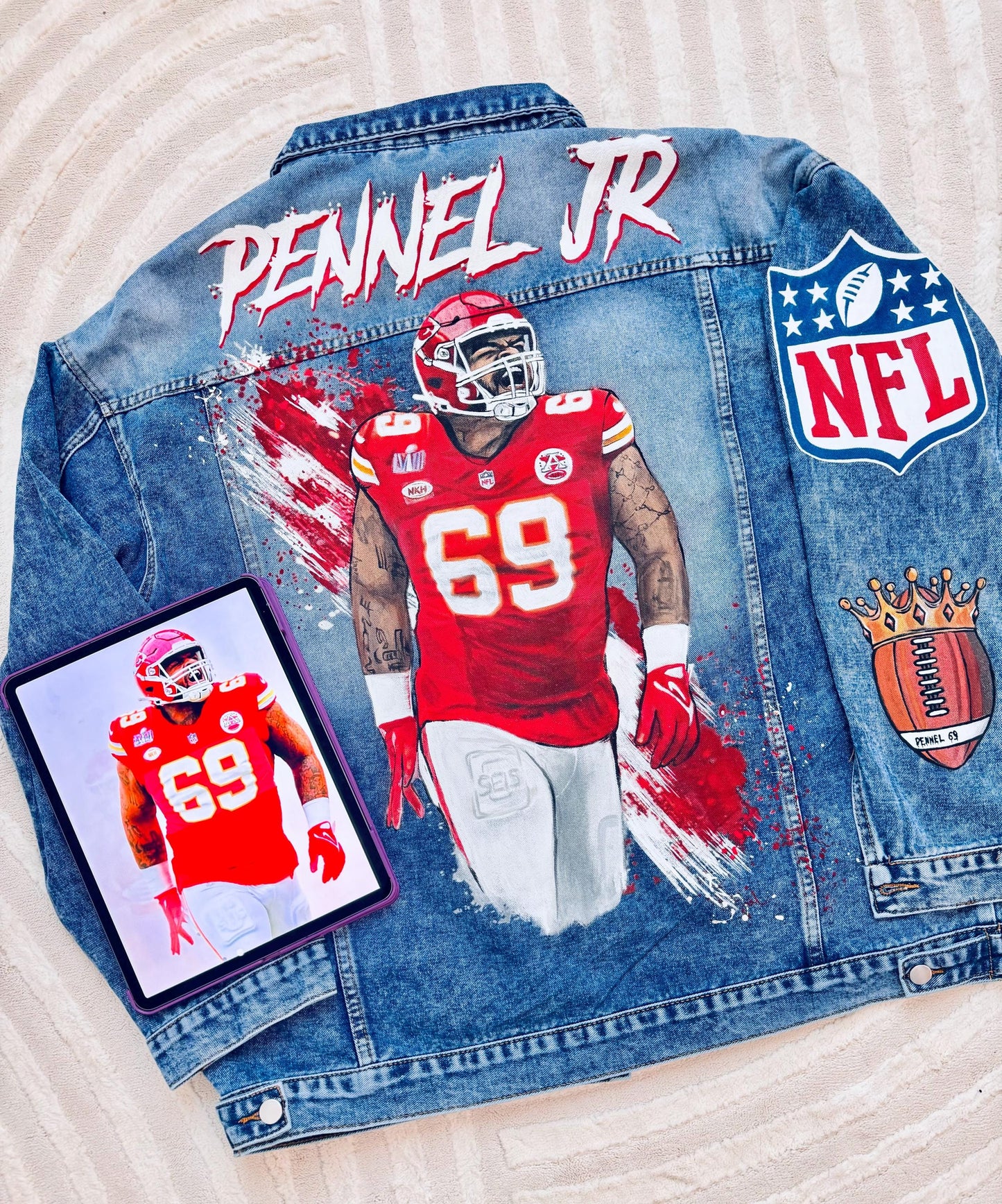 Custom Portrait Denim Jacket – Hand-Painted Artwork on Jacket, Unique Gift for Sports Fans, NFL Inspired Streetwear for Him or Her