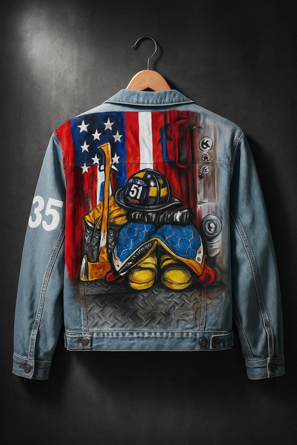 Unique Firefighter Tribute Gift – Custom Hand-Painted Denim Jacket with American Flag, Firefighter Gear, Personalized Hero Apparel