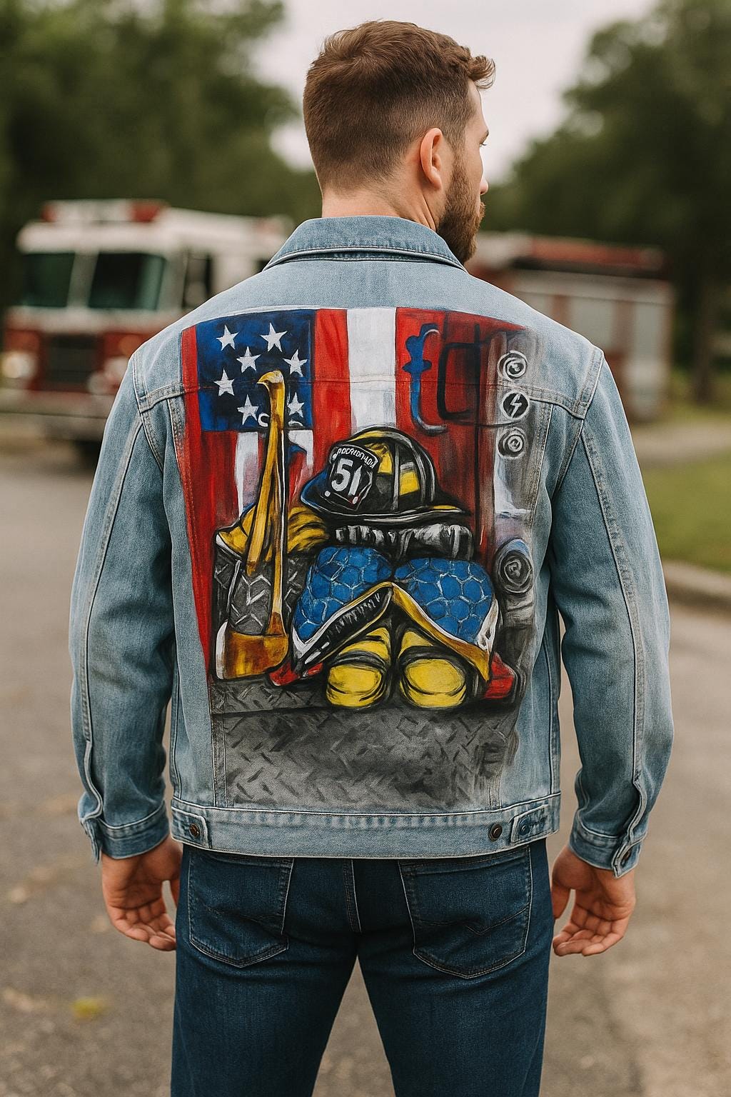 Unique Firefighter Tribute Gift – Custom Hand-Painted Denim Jacket with American Flag, Firefighter Gear, Personalized Hero Apparel