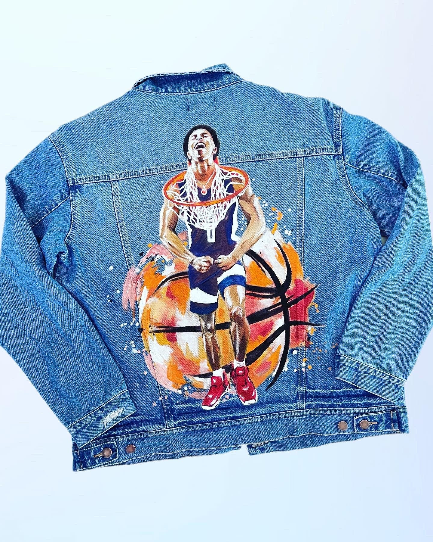 Valentine Gift, Portrait Painted on Jacket Basketball Jean Jacket with Art ,Painted Clothes Best  Personalized Gift Hand Painted Denim