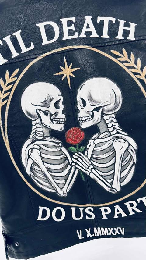 Valentine’s Day Gift – Hand-Painted Gothic Leather Jacket | “Til Death Do Us Part” Rock, Punk, Anniversary Gift