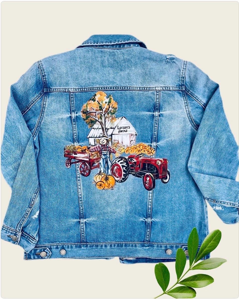 Unique Thanksgiving Gift – Custom Hand Painted Denim Jacket | Personalized Portrait Fall Jacket | Farm, Autumn, Pumpkin, Scarecrow Design