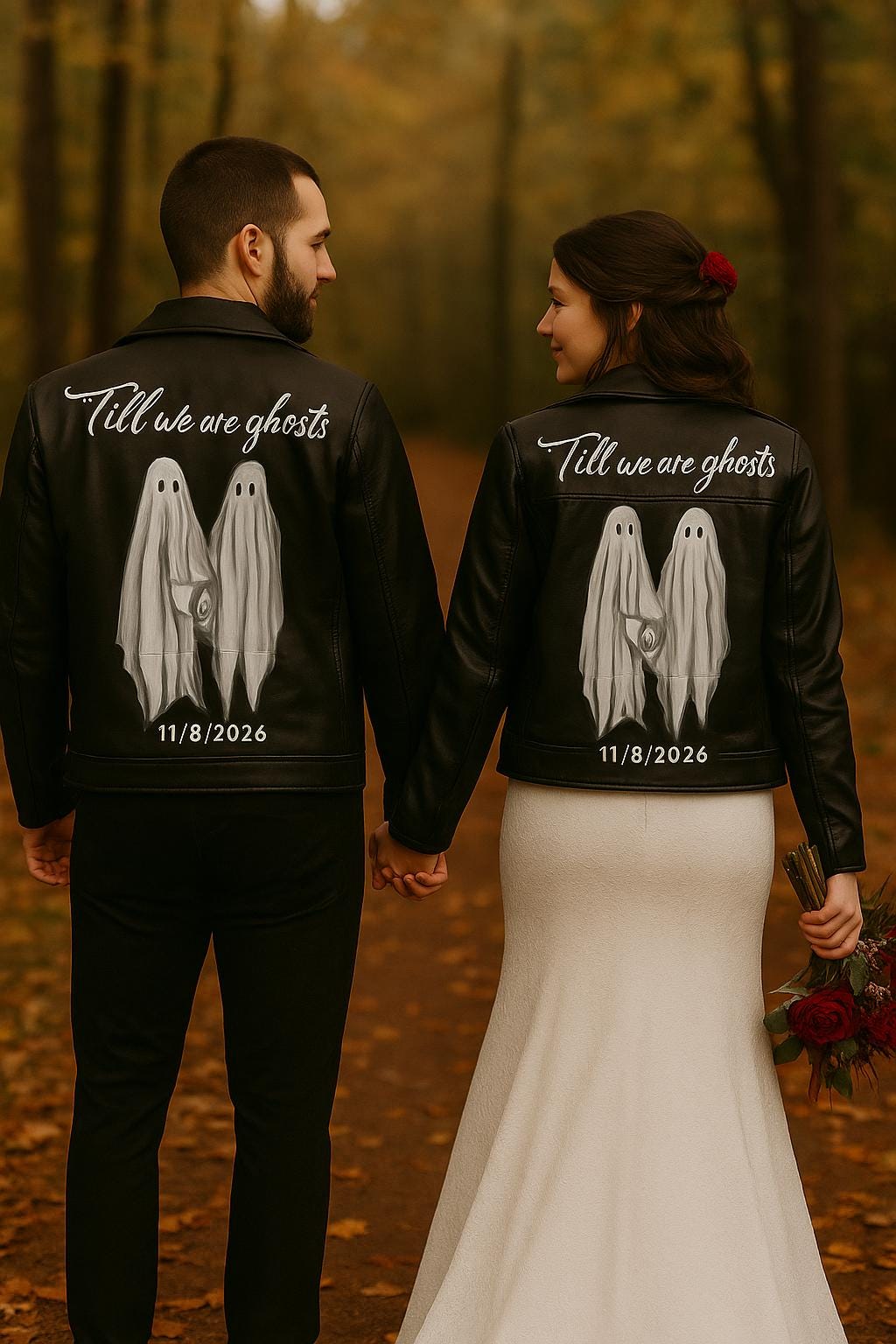 Halloween Couple Jacket, Personalized Gift, Wedding Gift – Custom Painted Leather Jacket “Till We Are Ghosts” | Gothic Bride Outfit