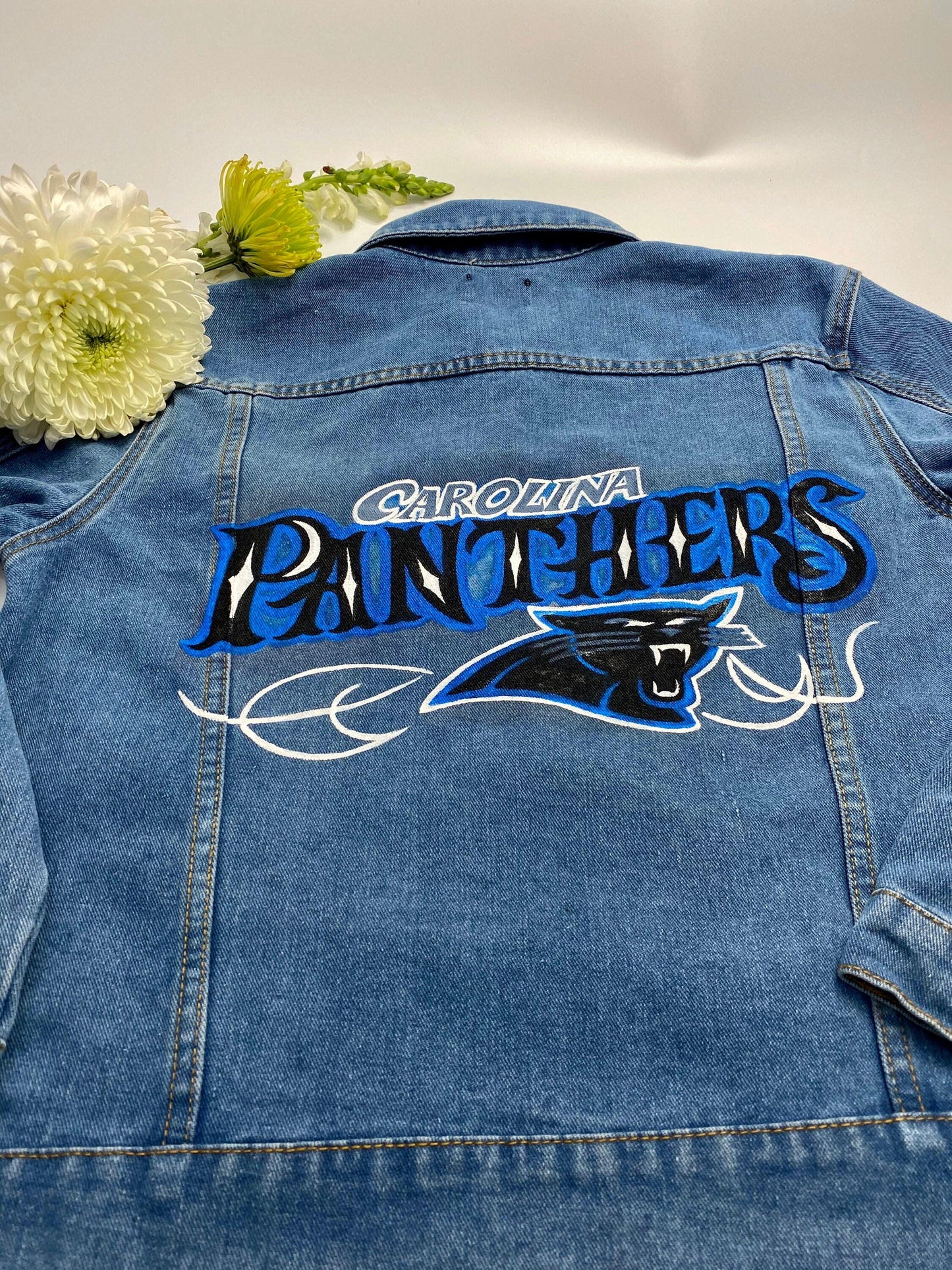 Game Day Outfit – Carolina Panthers Fan Jacket | Hand-Painted Oversized Denim, Unique NFL Sports Birthday Gift
