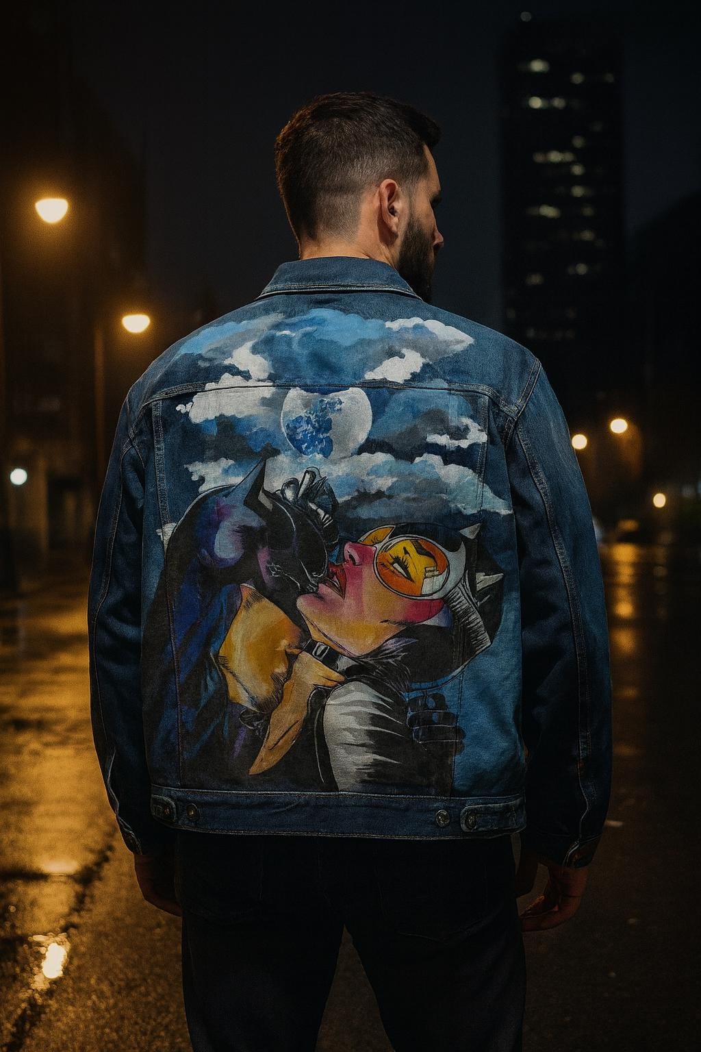 Birthday Gift for Him – Custom Batman & Catwoman Denim Jacket | Hand-Painted Oversized Pop Art Clothing, Unique Fan Gift