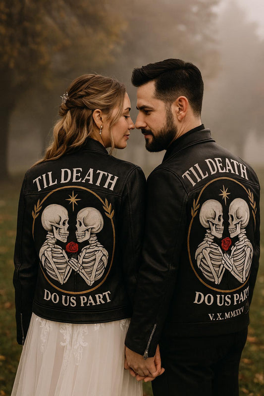 Valentine’s Day Gift – Hand-Painted Gothic Leather Jacket | “Til Death Do Us Part” Rock, Punk, Anniversary Gift