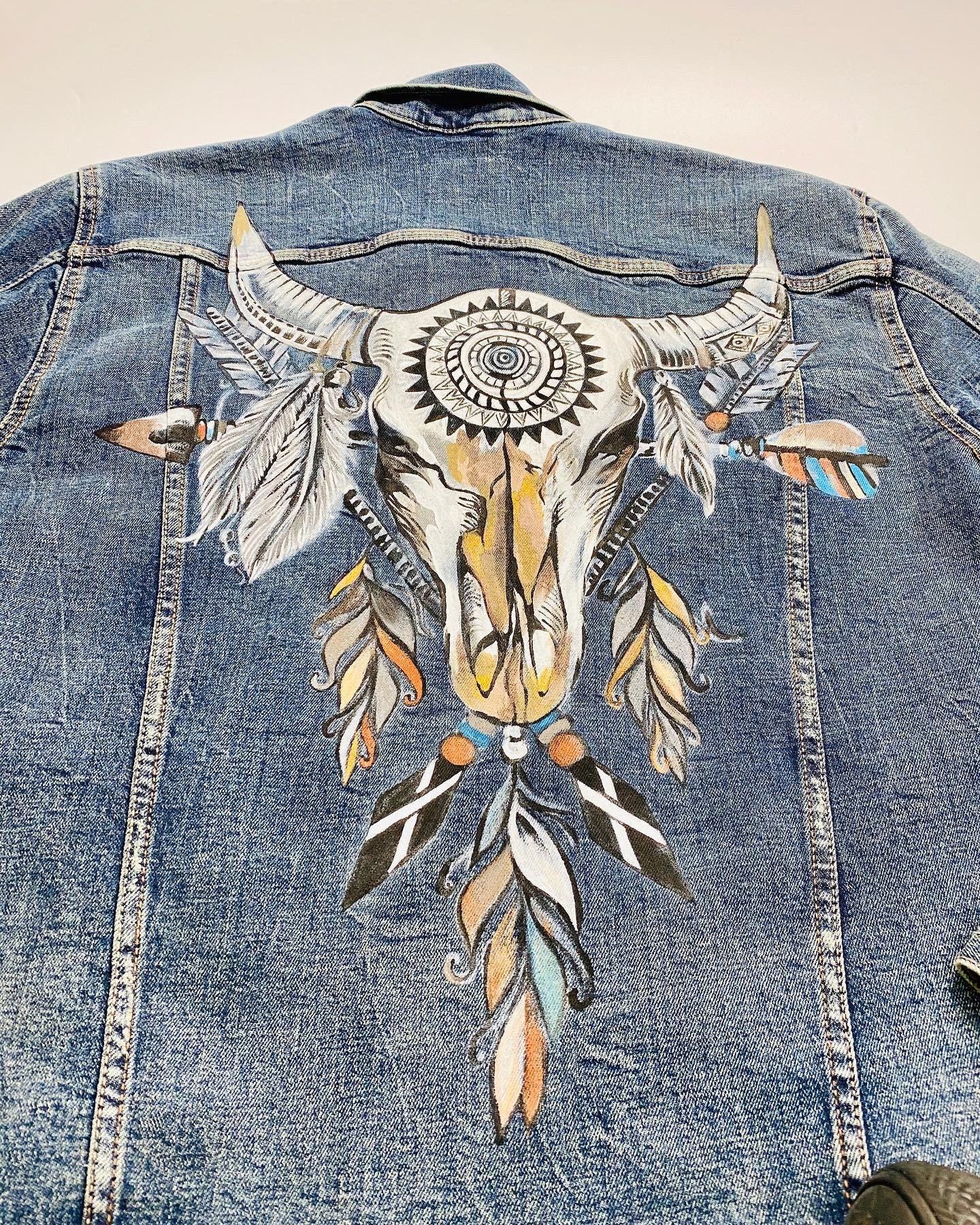 Boho Western Denim Jacket Gift | Hand-Painted Bull Skull Jean Jacket | Rustic Cowgirl Outfit | Festival Fashion | Boho Art Clothing