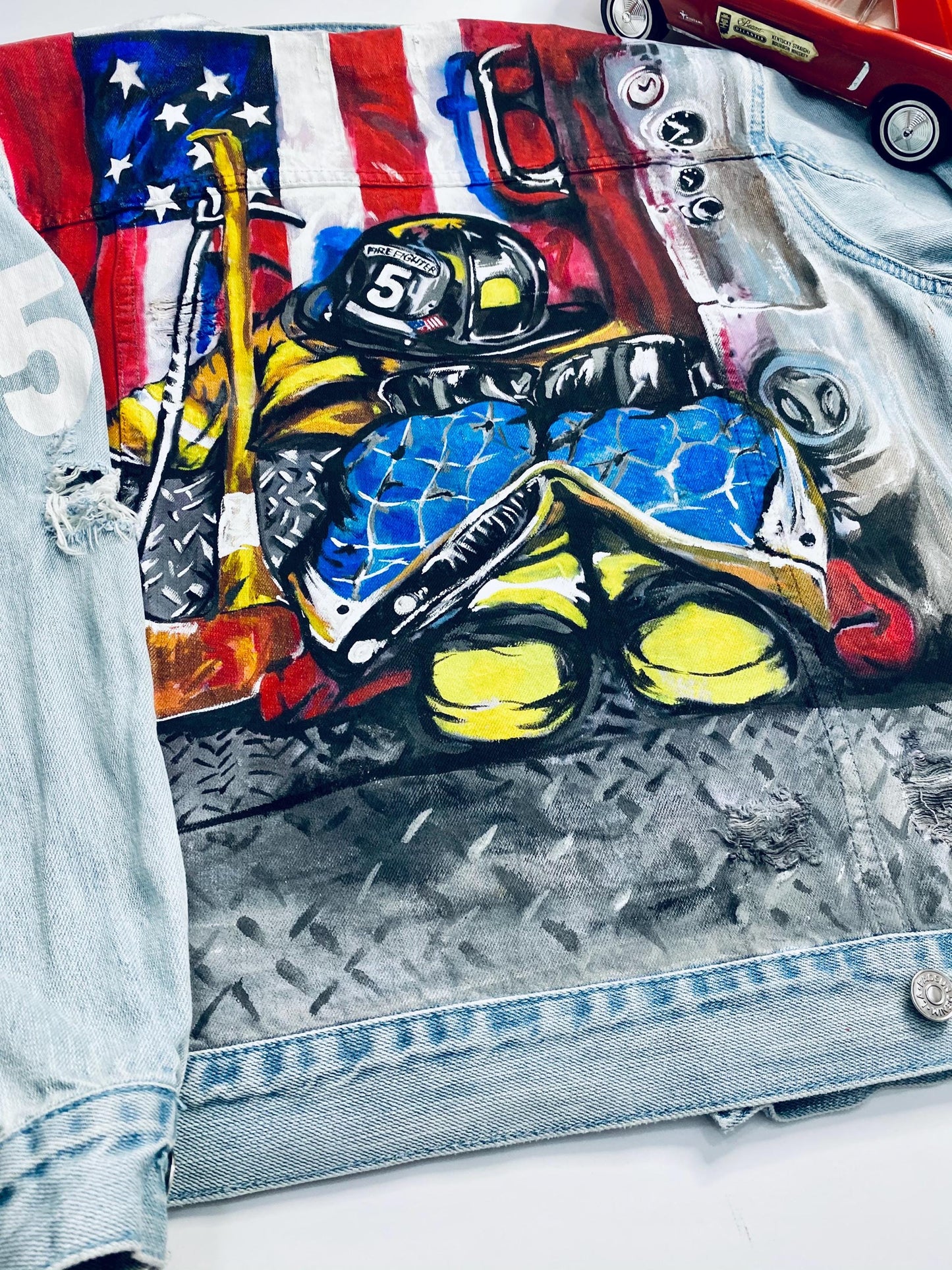 Unique Firefighter Tribute Gift – Custom Hand-Painted Denim Jacket with American Flag, Firefighter Gear, Personalized Hero Apparel