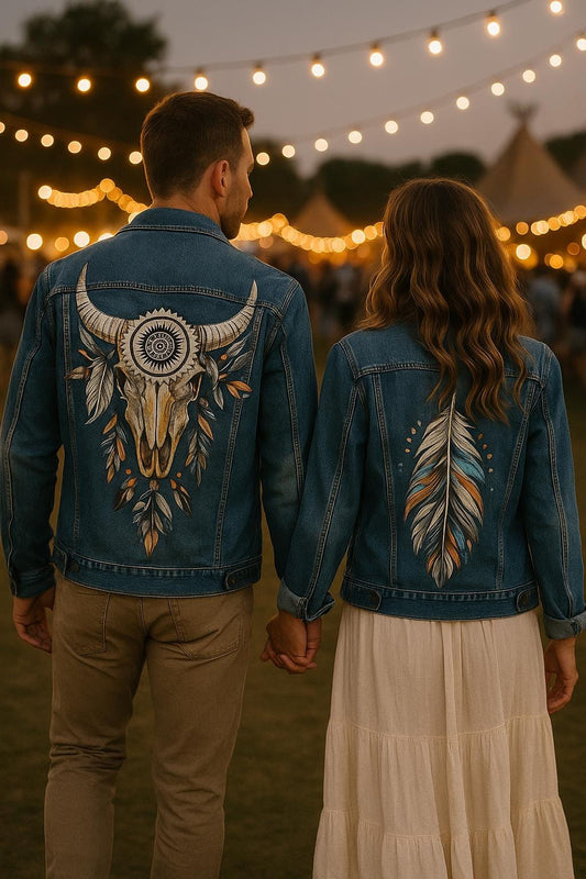Hand-Painted Bull Skull Denim Jacket | Boho Western Art Clothing