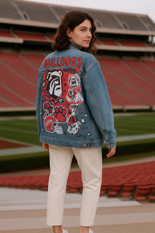 Game Day Fan Gift – Custom Bulldogs Hand-Painted Denim Jacket | Personalized Oversized Team Spirit Jacket| Best Christmas gift